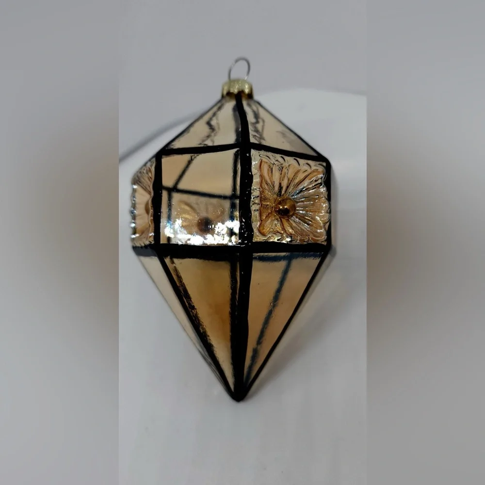Geometric Champagne Beveled Drop Glass‎ Christmas Ornament Floral Imprint 5.5